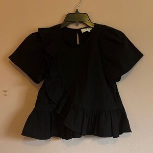 Sea New York Linen Blend Structured Cross Over Ruffle Top